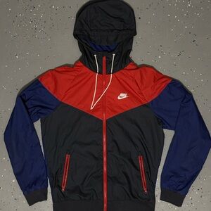 Red and Blue Nike Windbreaker with Embroidered Swoosh and Adjustable Hood